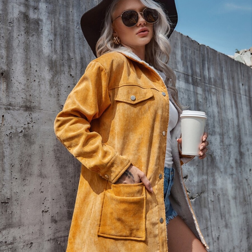 Snap Button Corduroy Shearling Lined Jacket Coat - image 3